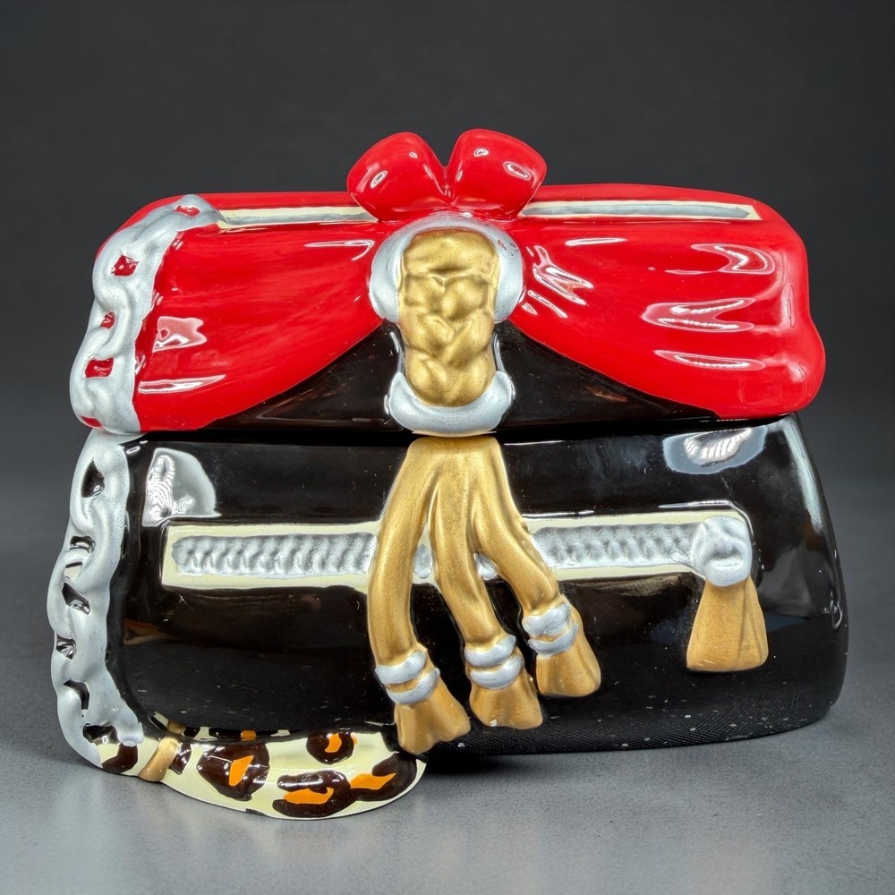 David's Cookies Ceramic Handbag Cookie Jar Container Purse Black Red Bow Tassels